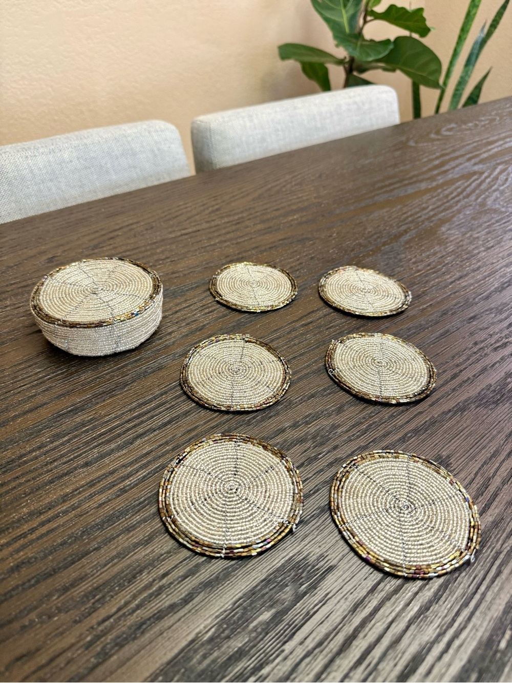 NWOT Handmade Kenyan Beaded Coasters Set of 6 with Matching Storage Box